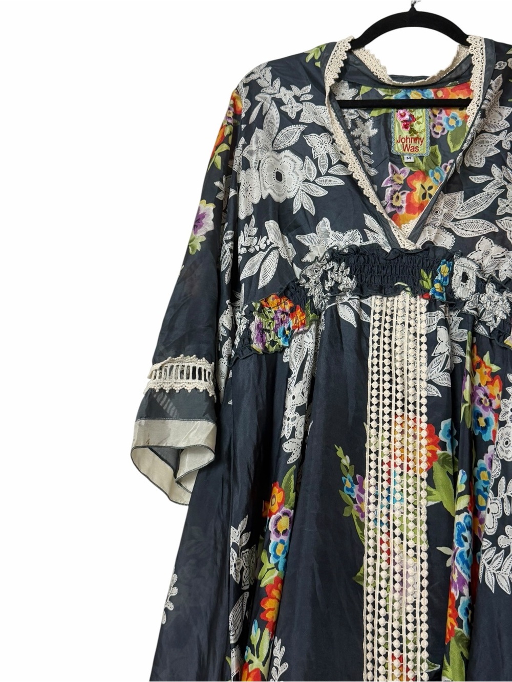 Johnny Was Silk Floral Boho Tunic Dress Lace Trim Medium Boho Summer - Picture 6 of 6
